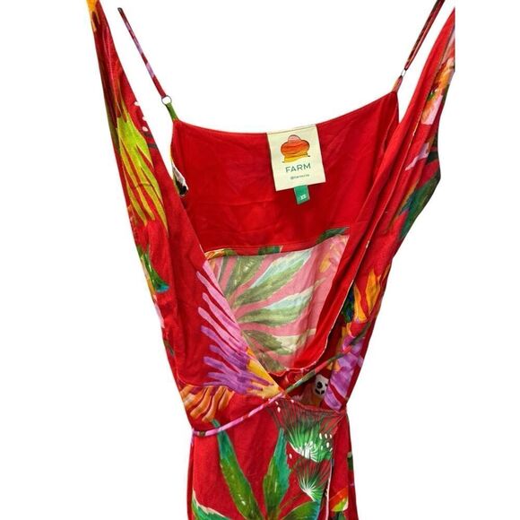 Farm Rio Red Tropical Parrot Wrap Dress XS Asymmetrical Midi Vacation Ready - Picture 9 of 13